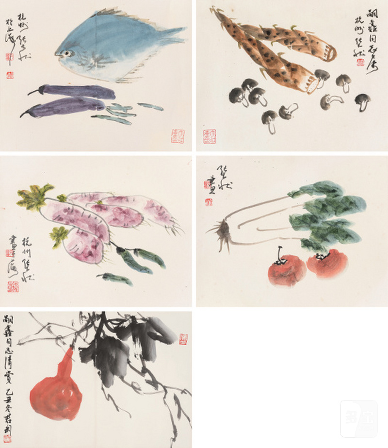 张大壮 1903-1980 花果册四开  钱君匋 1907-1998 葫芦